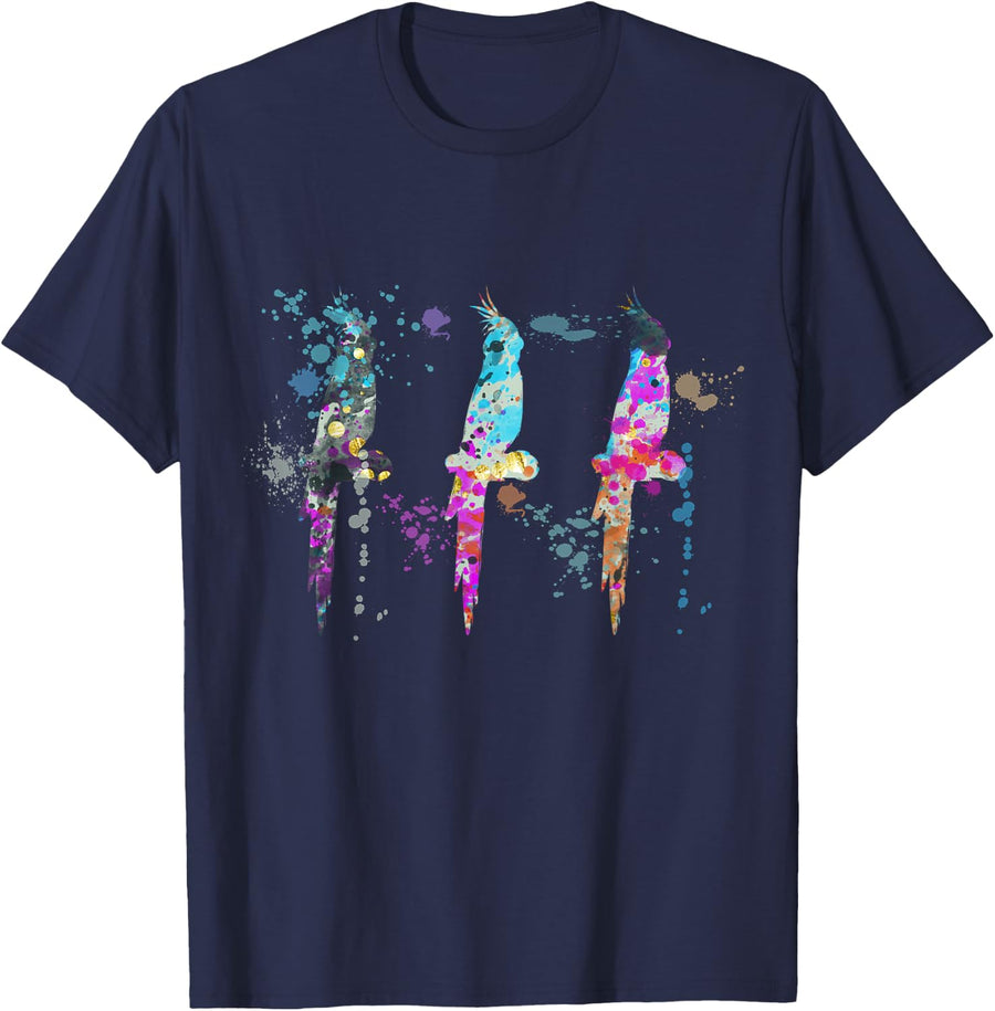 Cockatiel Colourful Watercolour Silhouette Nymphensite T-Shirt - Navy Blue