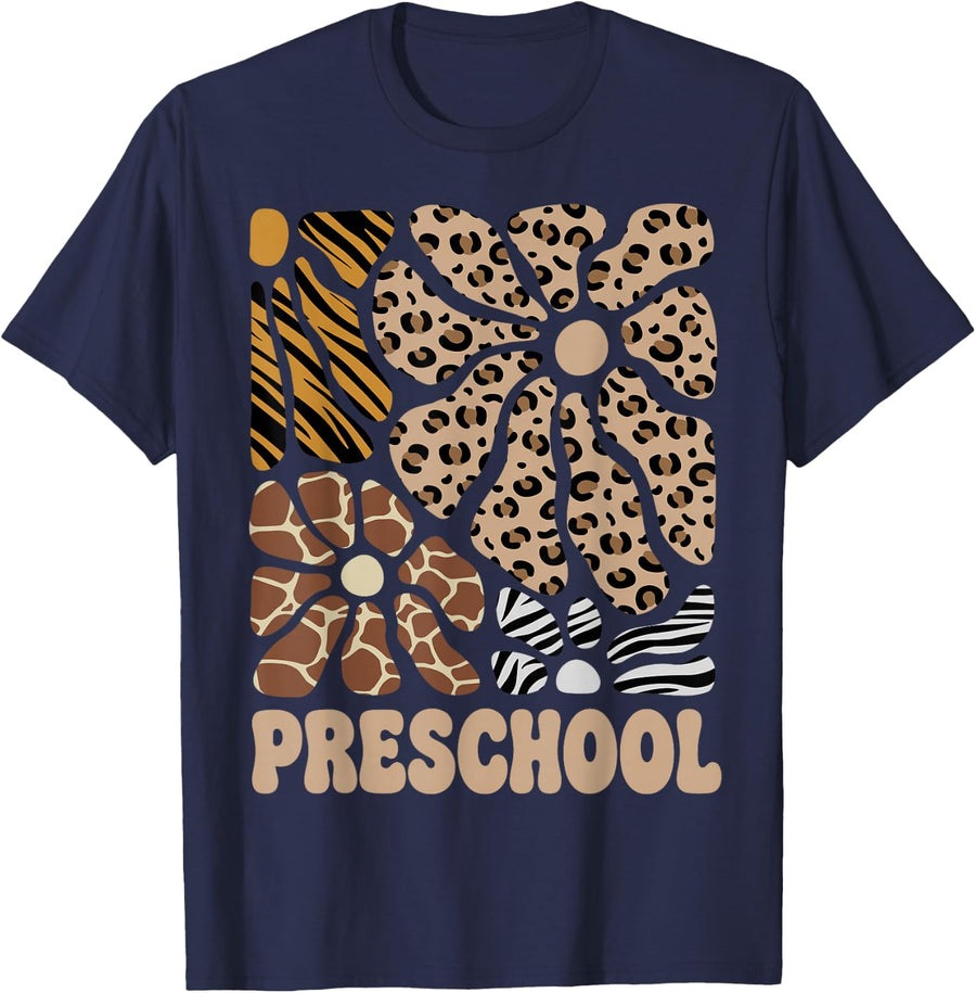 Preschool Safari Floral Boho Flowers Pre-K Teacher Student T-Shirt - Navy Blue
