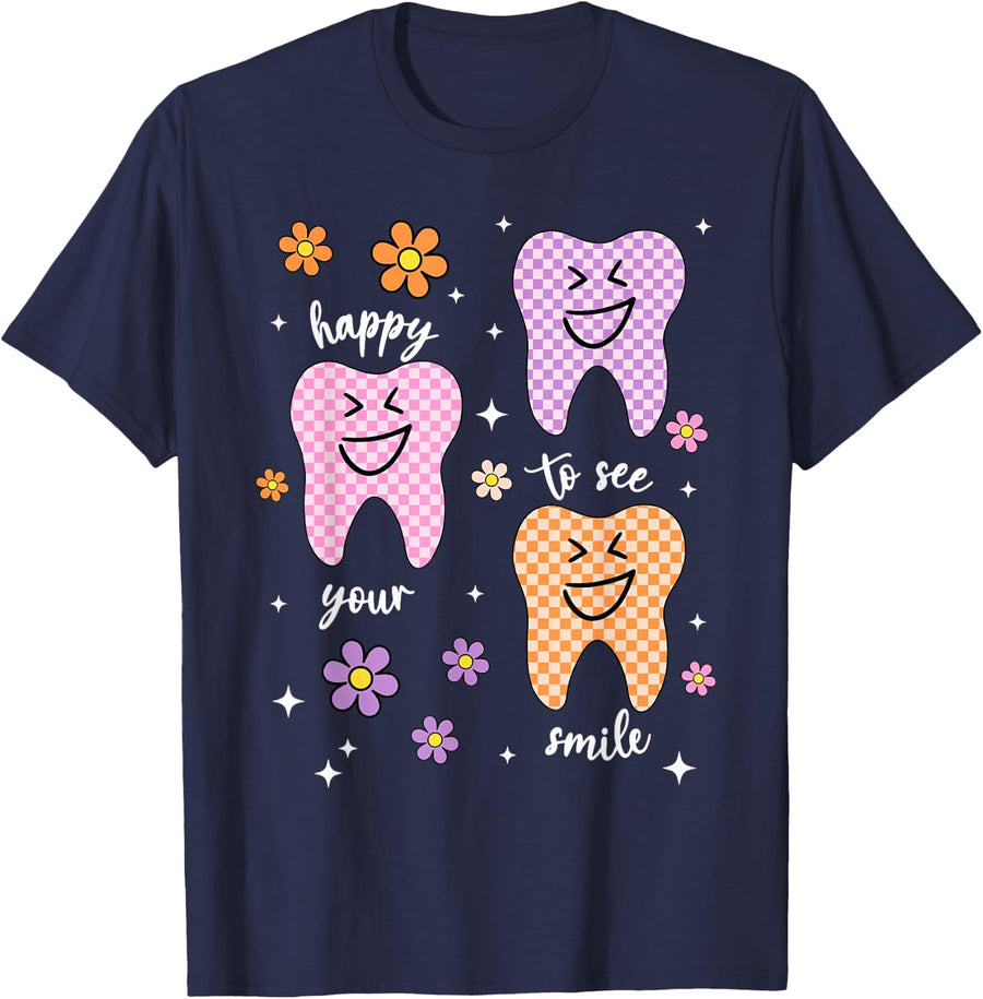 Checkered Dentist Happy to See Your Smile Dental Christmas T-Shirt - Navy Blue