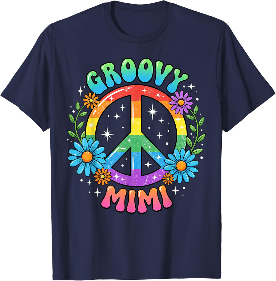 Funny Groovy Mimi Floral Hippie Grandmother Mom Mother Retro T-Shirt - Navy Blue