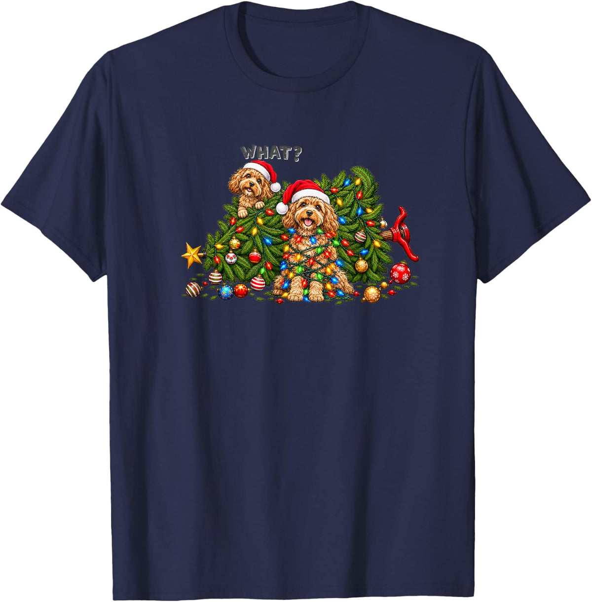 Cockapoo Christmas Tree Lights Santa Hats Funny Holiday T-Shirt - Navy Blue