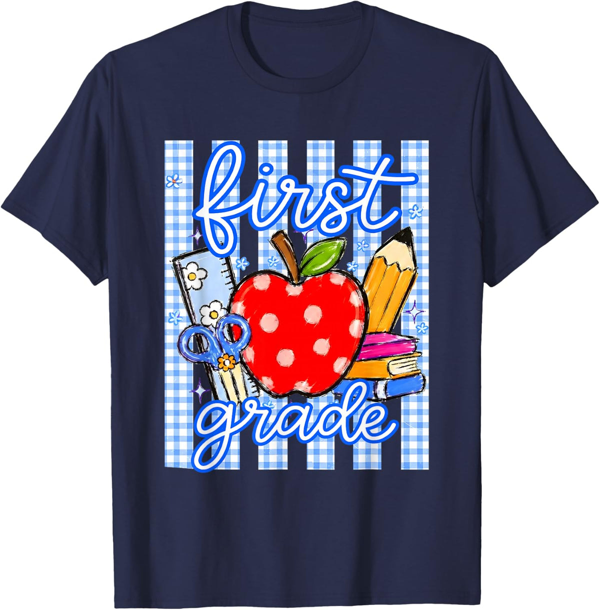 First Grade Blue Gingham Stripes Pencil Apple School Kids T-Shirt - Navy Blue
