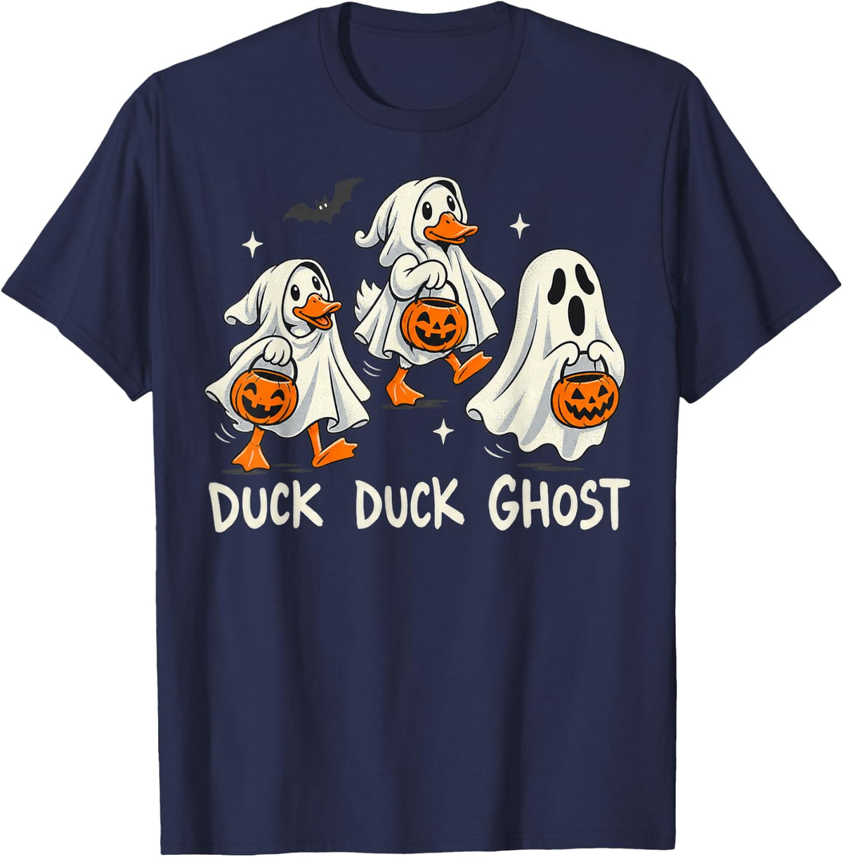 Duck Duck Ghost Halloween Pun Cartoon T-Shirt - Navy Blue
