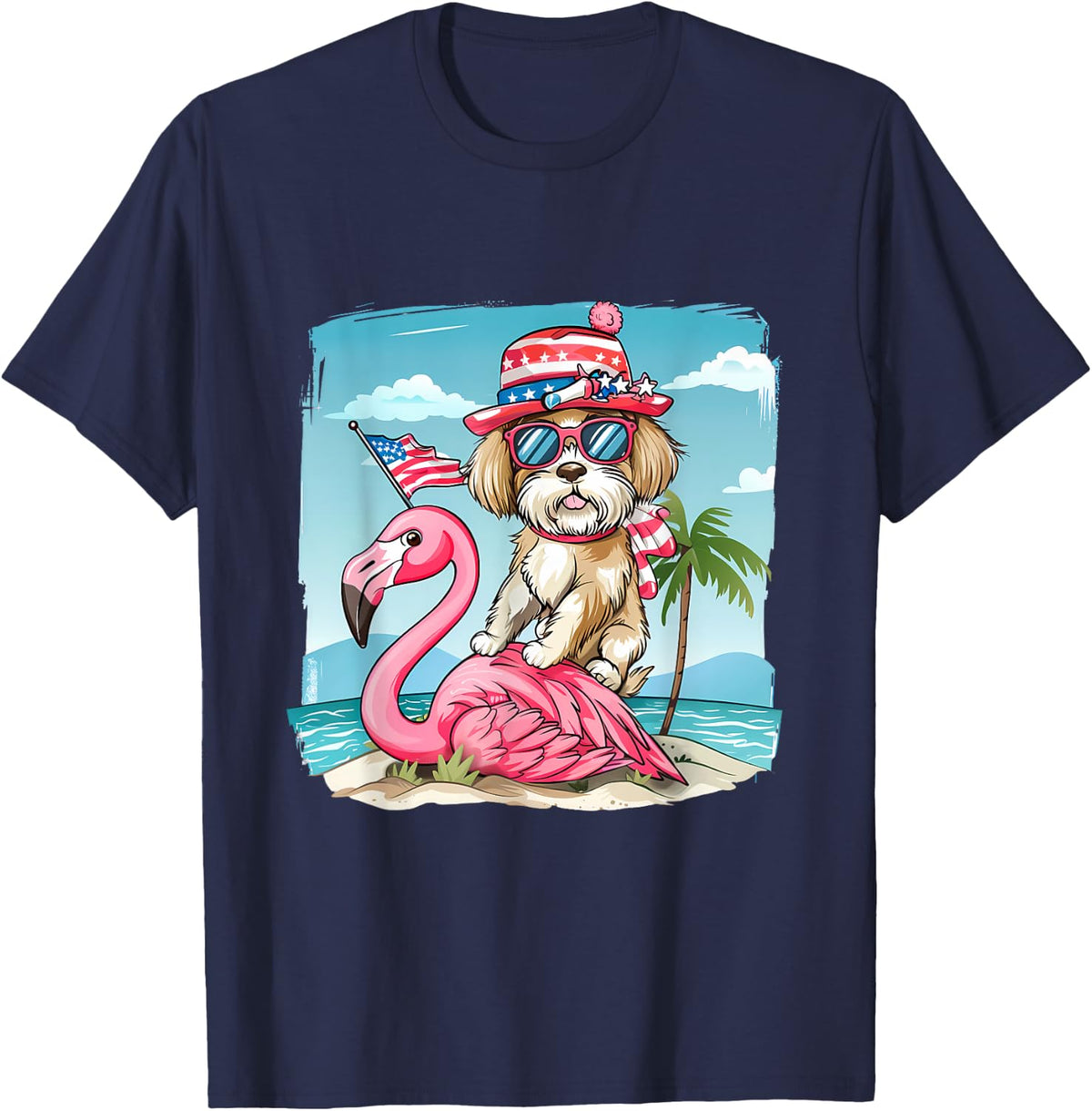Fourth Of July Flamingo Dog USA American Flag 4th Of July T-Shirt - Navy Blue