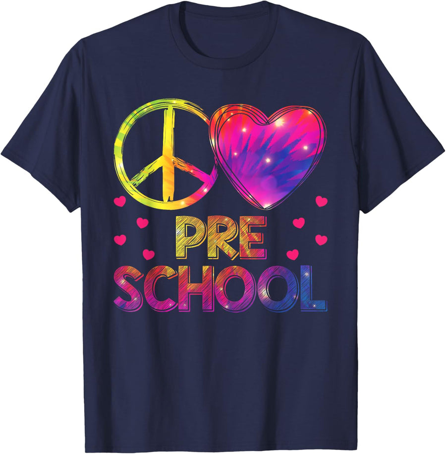 Tie Dye Peace Love Preschool Teacher Student Back To School Men Women Kids T-Shirt - Navy Blue