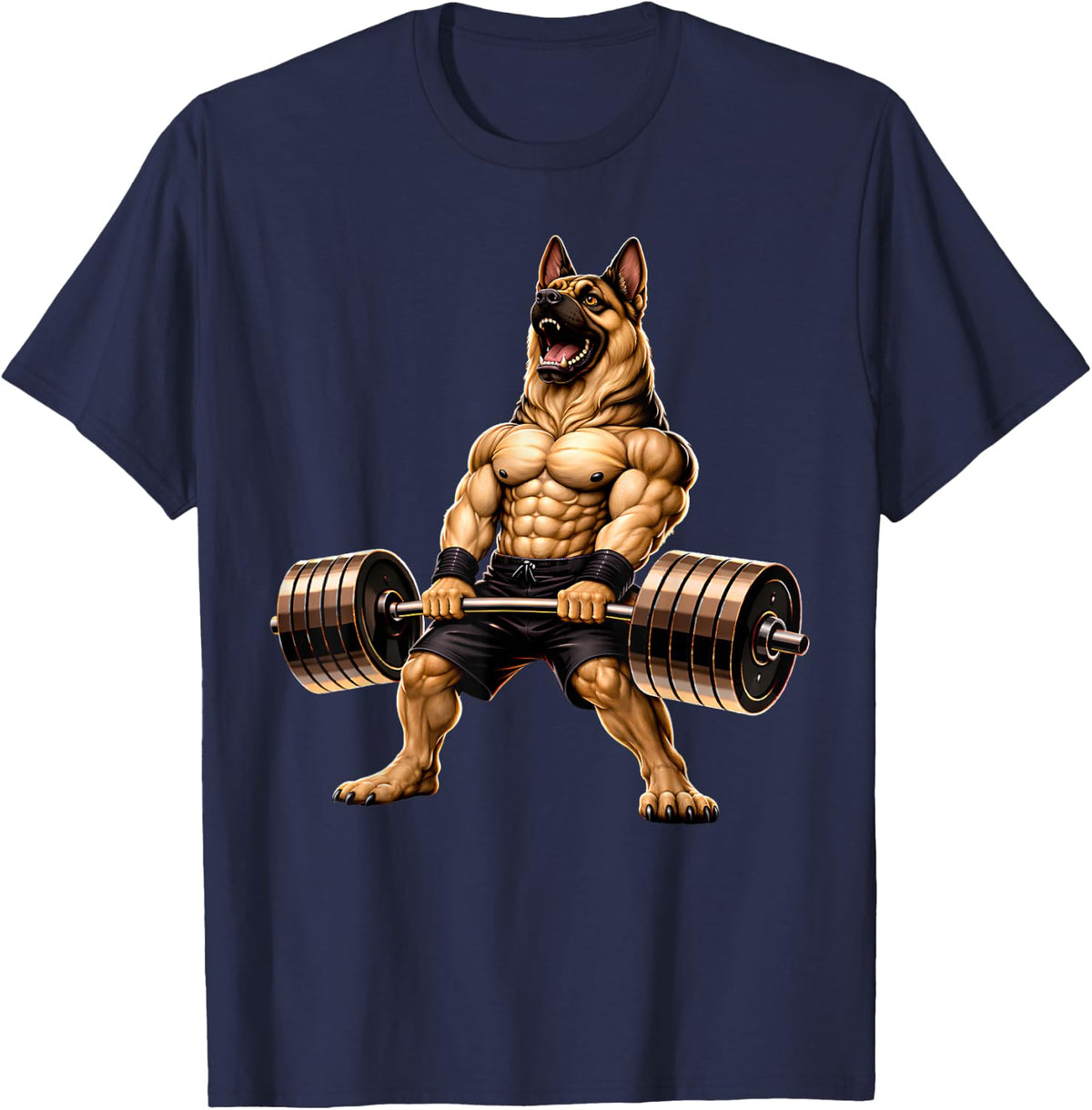 Funny German Shepherd Lifting Weights Gym Workout Dog T-Shirt - Navy Blue