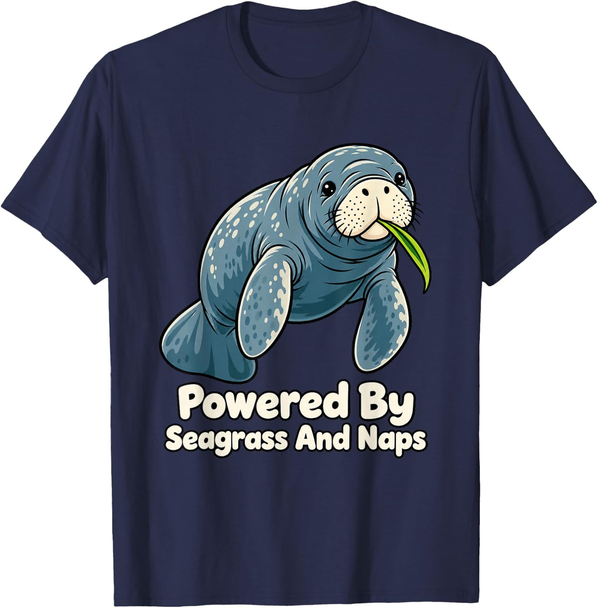 Manatee Powered By Seagrass and Naps Women Funny Florida T-Shirt - Navy Blue