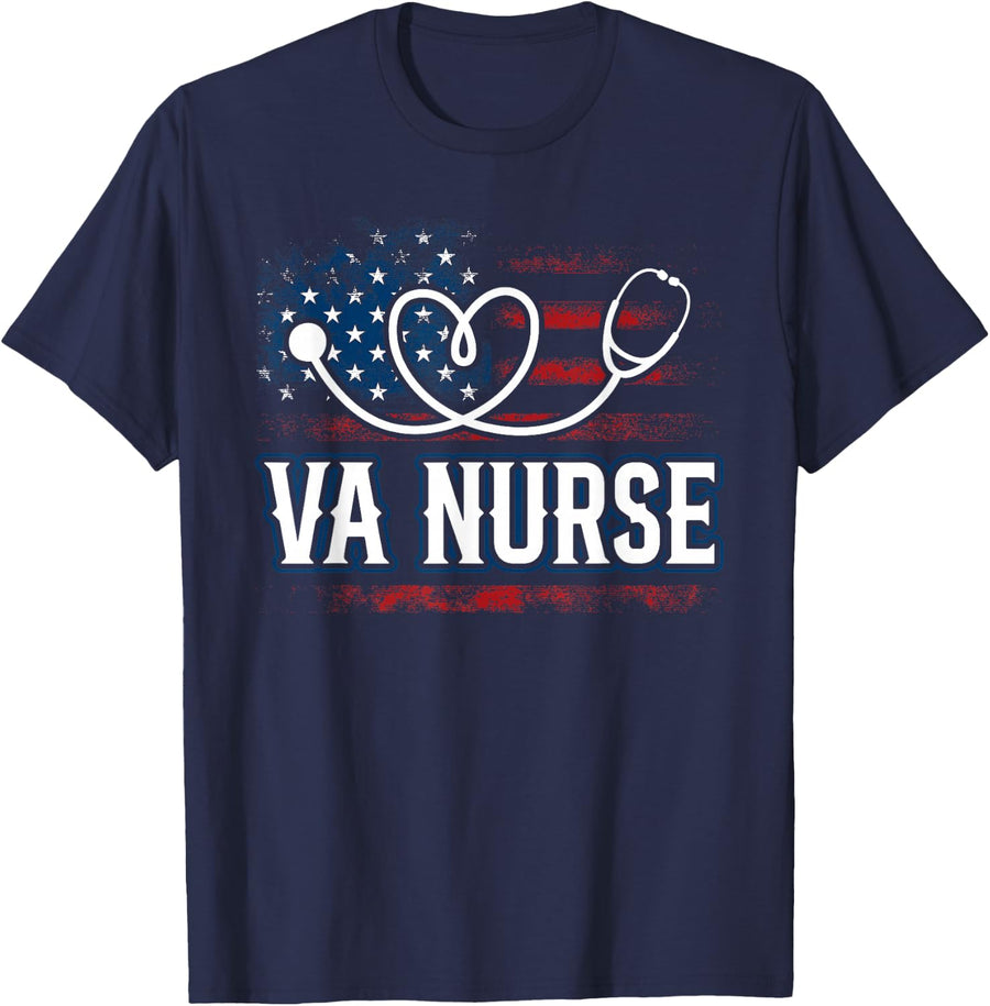 Womens American Flag VA Nurse Patriotic 4th of July Vintage T-Shirt - Navy Blue