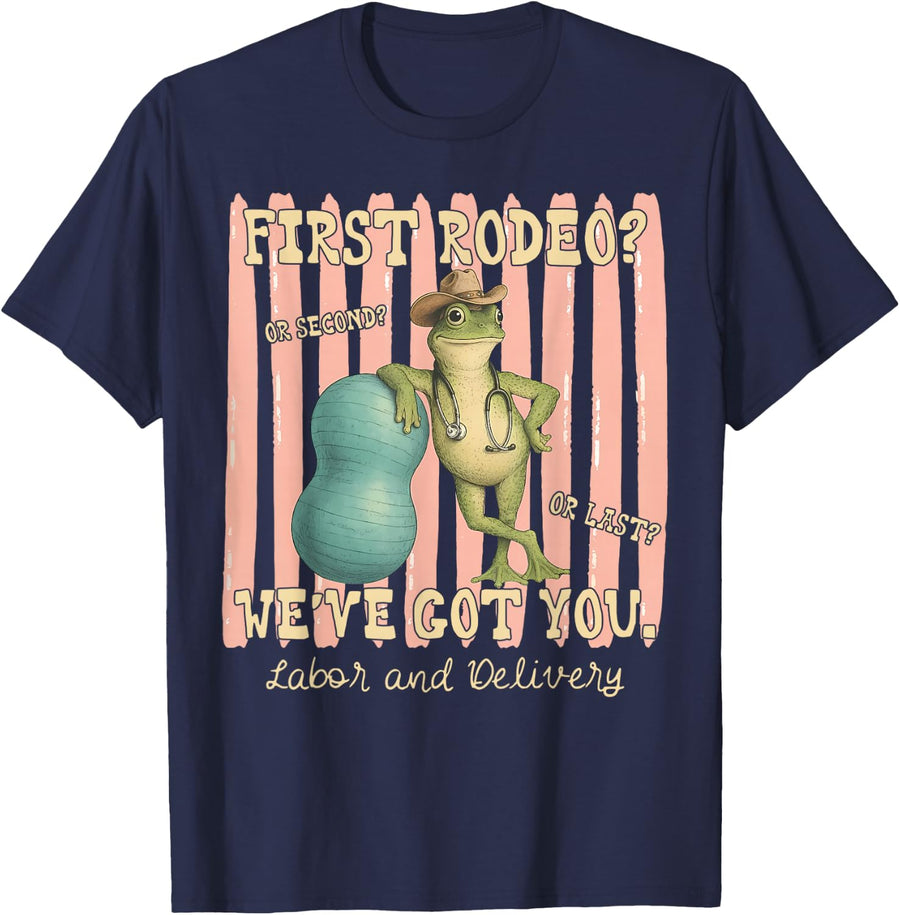 Labor and Delivery Nurse Cowboy Frog Rodeo Tee L&D Nursing T-Shirt - Navy Blue