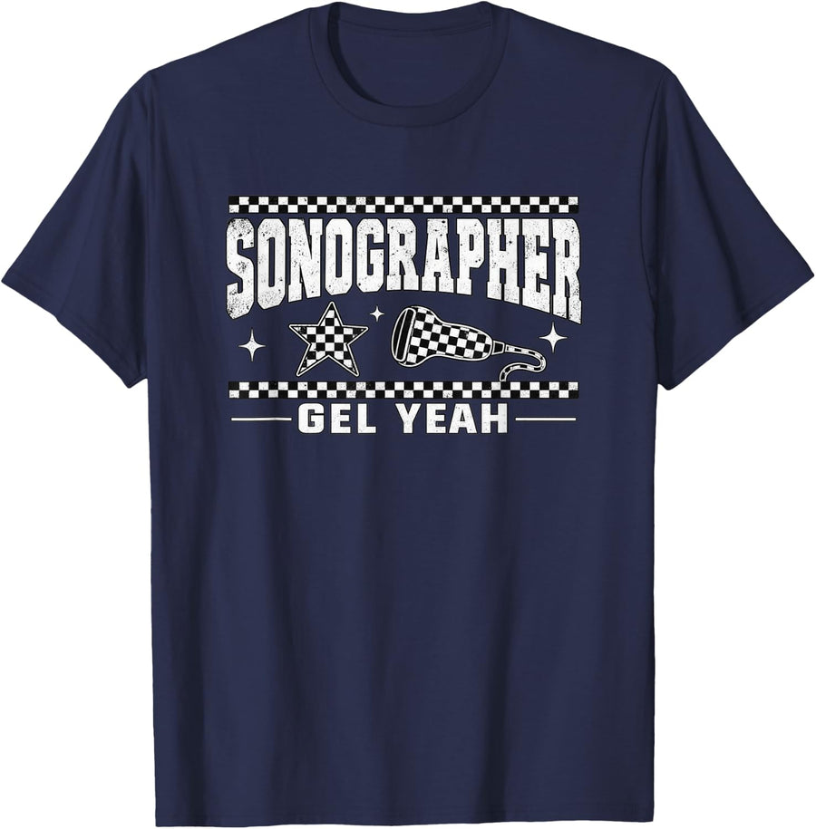 Sonographer Gel Yeah Checkered Ultrasound Tech Funny T-Shirt - Navy Blue
