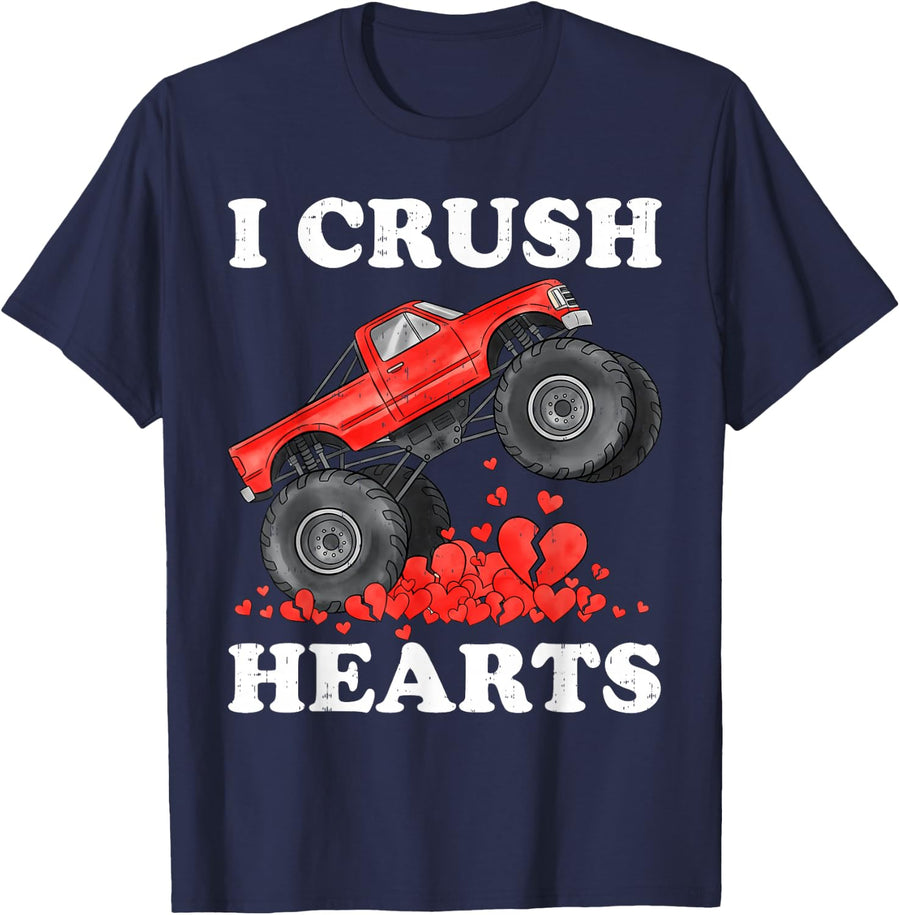 Monster Truck Teens Kids Boys I Crush Heart Valentines Day T-Shirt - Navy Blue