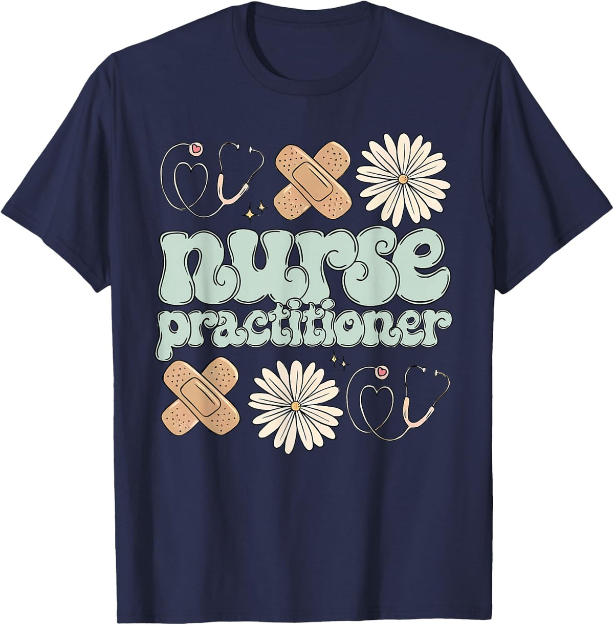 Nurse Practitioner Daisy Flower Stethoscope NP Nursing RN T-Shirt - Navy Blue