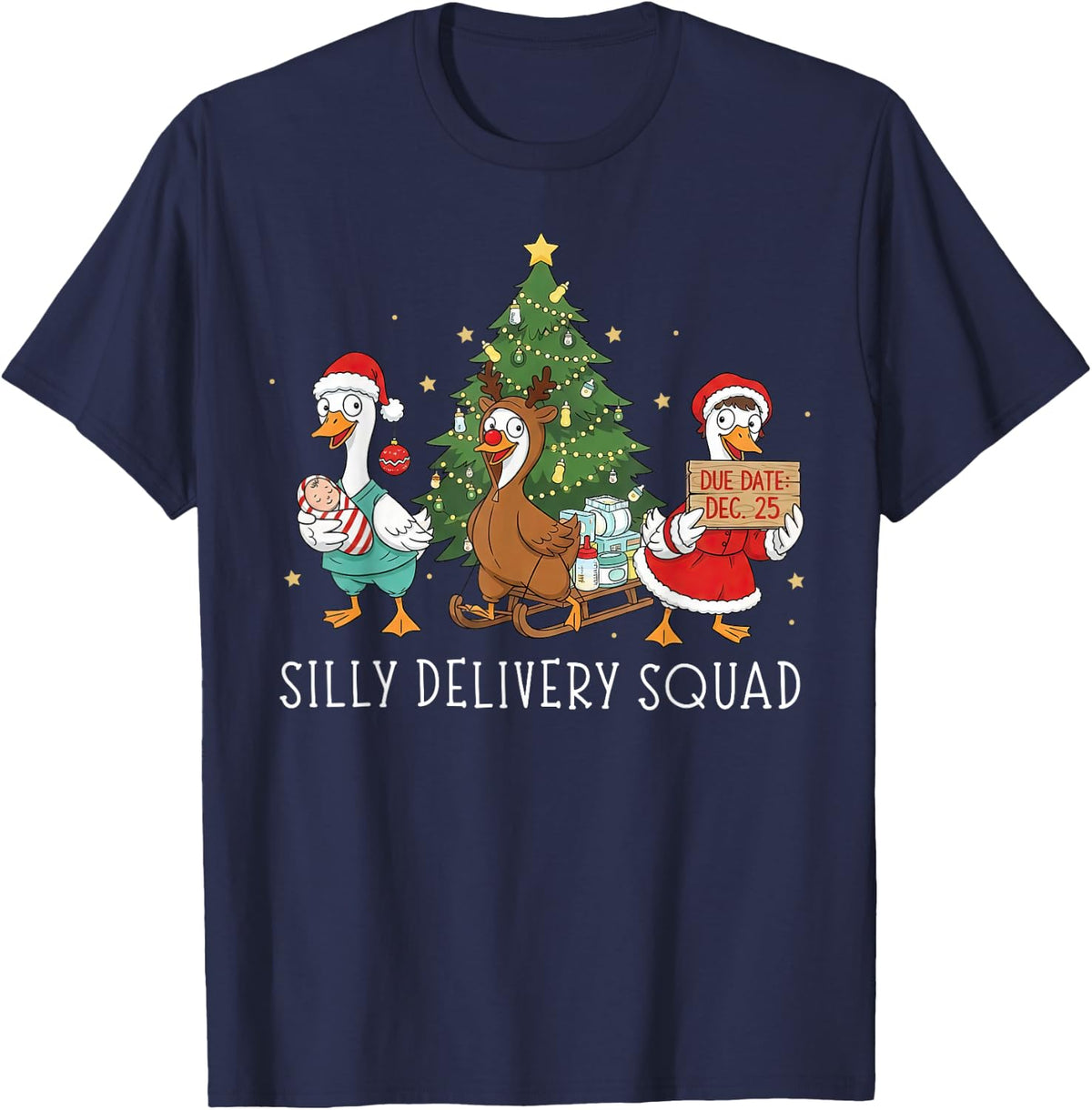 Labor and Delivery Nurse Silly Goose Christmas L&D Squad T-Shirt - Navy Blue