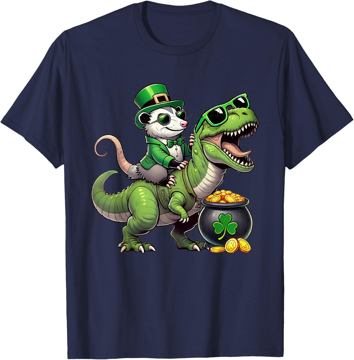 Opossum Riding Trex St Patricks Day Funny Possum Leperchaun T-Shirt - Navy Blue