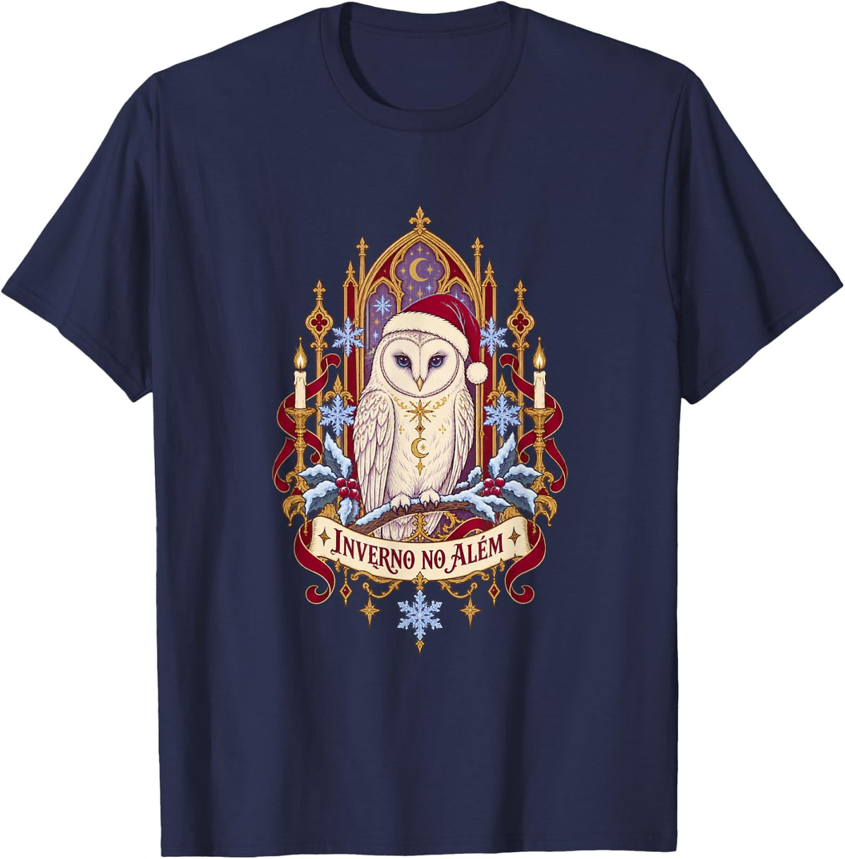 Portuguese Saying Gothic Owl Christmas Design T-Shirt - Navy Blue
