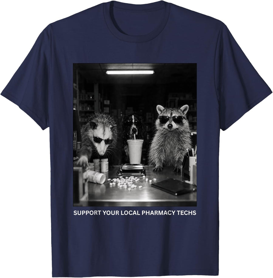 Support Your Local Phrmacy Techs Tshirt Raccoon Pharmacist T-Shirt - Navy Blue