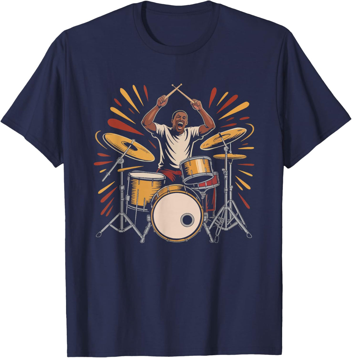 Jazz Drummer Da Vinci Vitruvian Man Drum Kit Illustration T-Shirt - Navy Blue