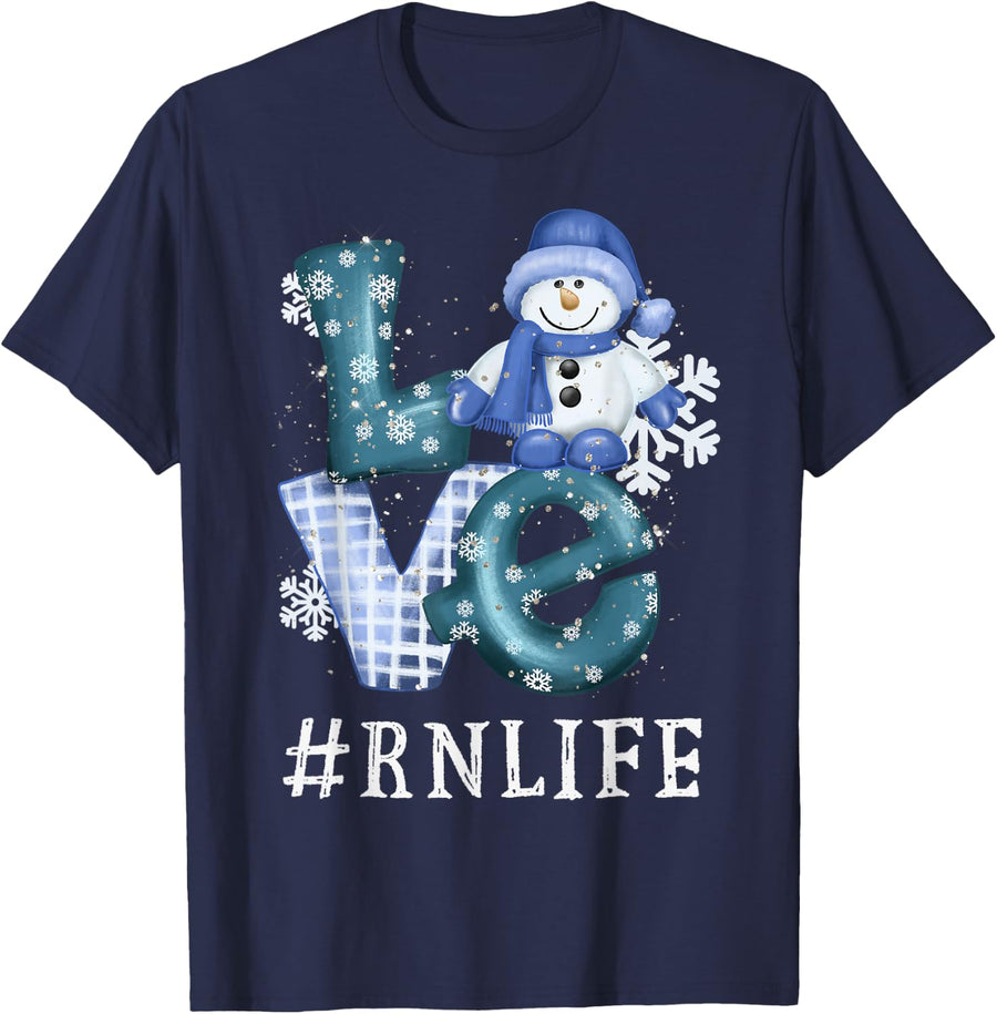 RN Registered Nurse Love Snowman Winter Season Christmas T-Shirt - Navy Blue