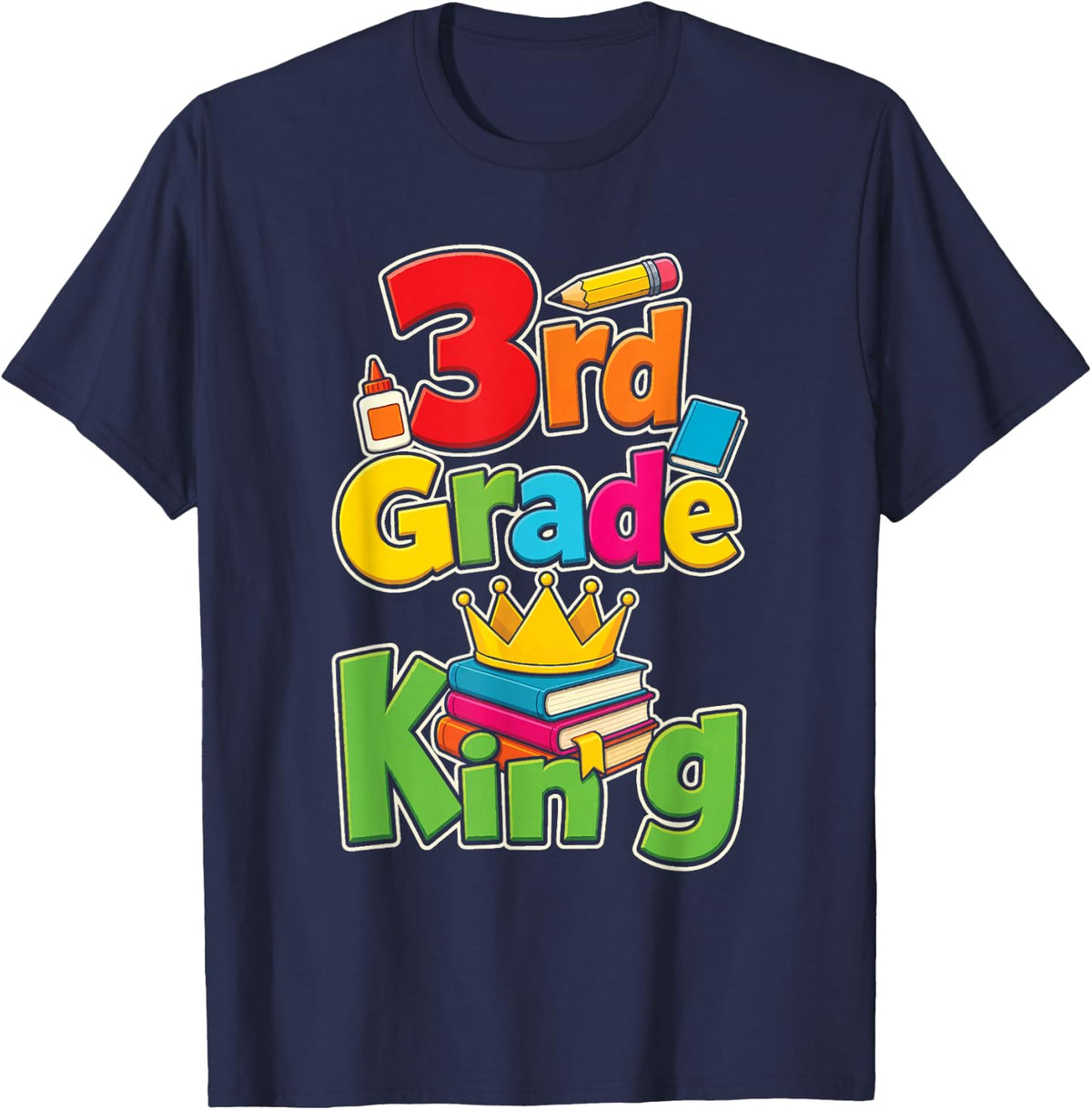 3rd Grade King First Day of School Boys Crown Books T-Shirt - Navy Blue