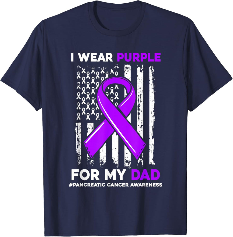 I Wear Purple For My Dad Father Pancreatic Cancer Awareness T-Shirt - Navy Blue