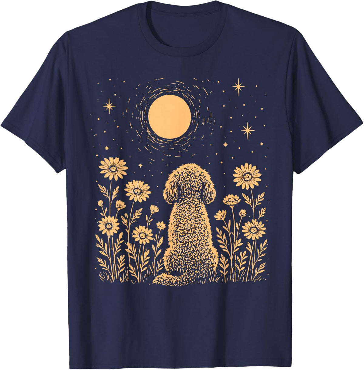 Floral Cavapoo Moon Celestial Night Flower Funny Dog Lover T-Shirt - Navy Blue