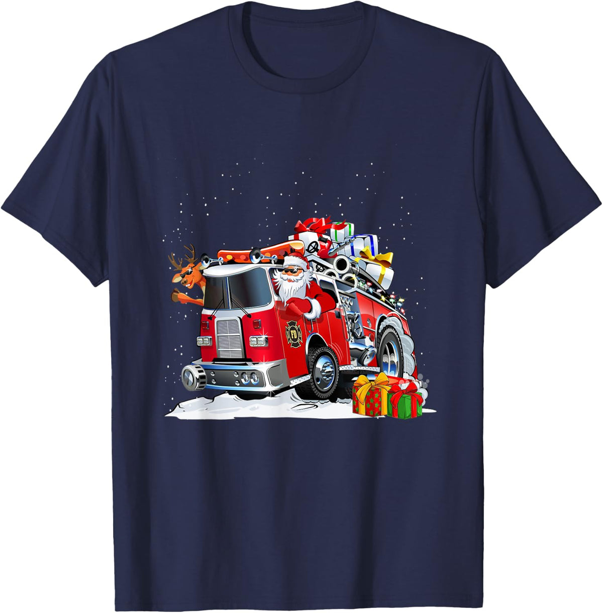 Firefighter Santa Fireman Driving Fire Truck Merry Christmas T-Shirt - Navy Blue
