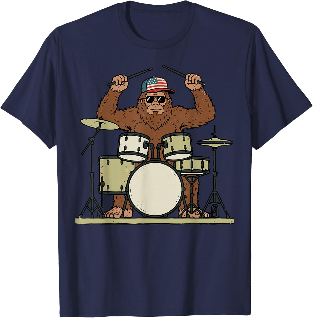 Sasquatch Drummer Drum Set Percussion Musician Music Lover T-Shirt - Navy Blue