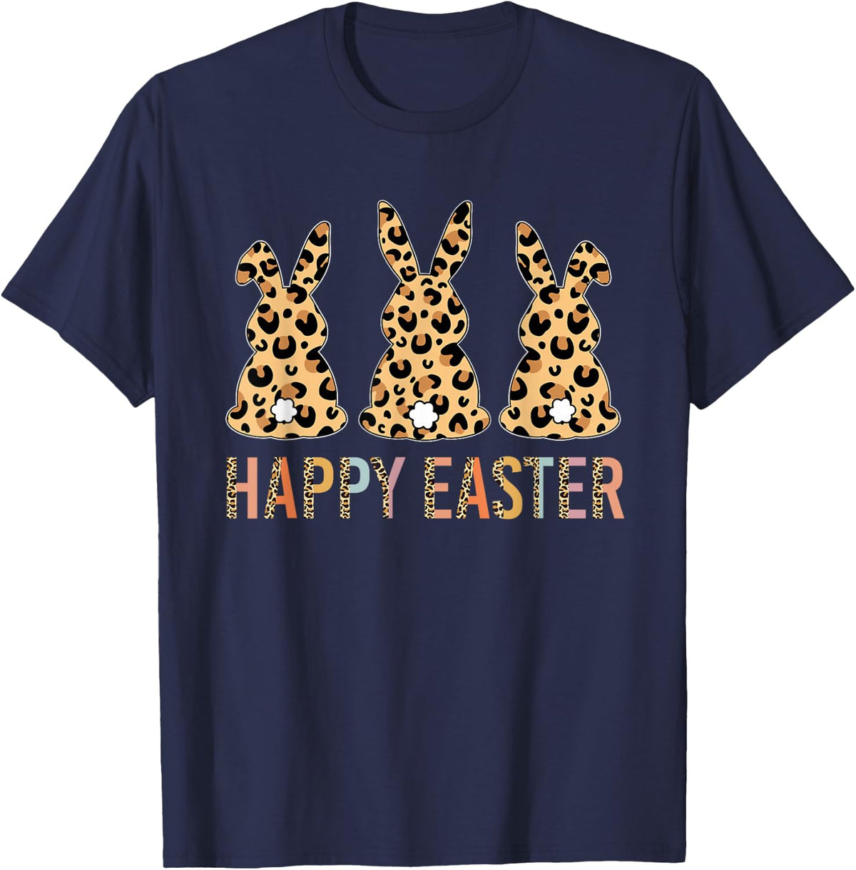 Happy Easter Shirt For Women Leopard Three Bunnie Teen Girls T-Shirt - Navy Blue