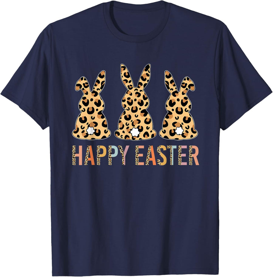 Happy Easter Shirt For Women Leopard Three Bunnie Teen Girls T-Shirt - Navy Blue
