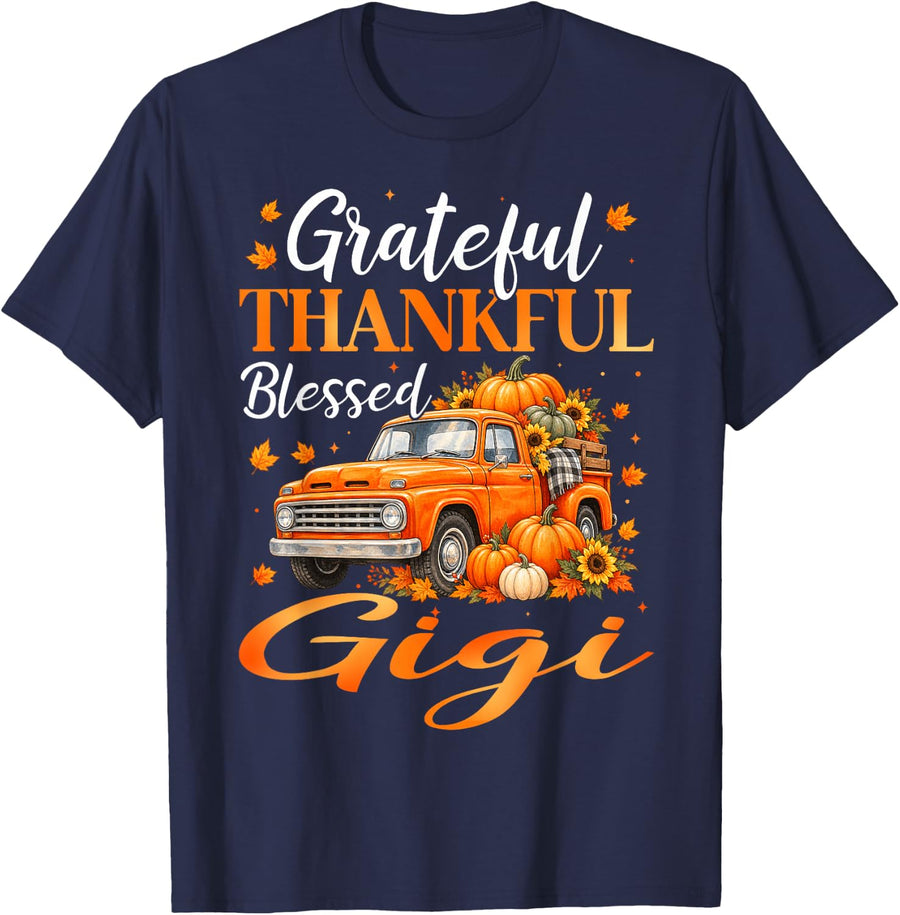 Grateful Thankful Blessed Gigi Pumpkin Thanksgiving T-Shirt - Navy Blue