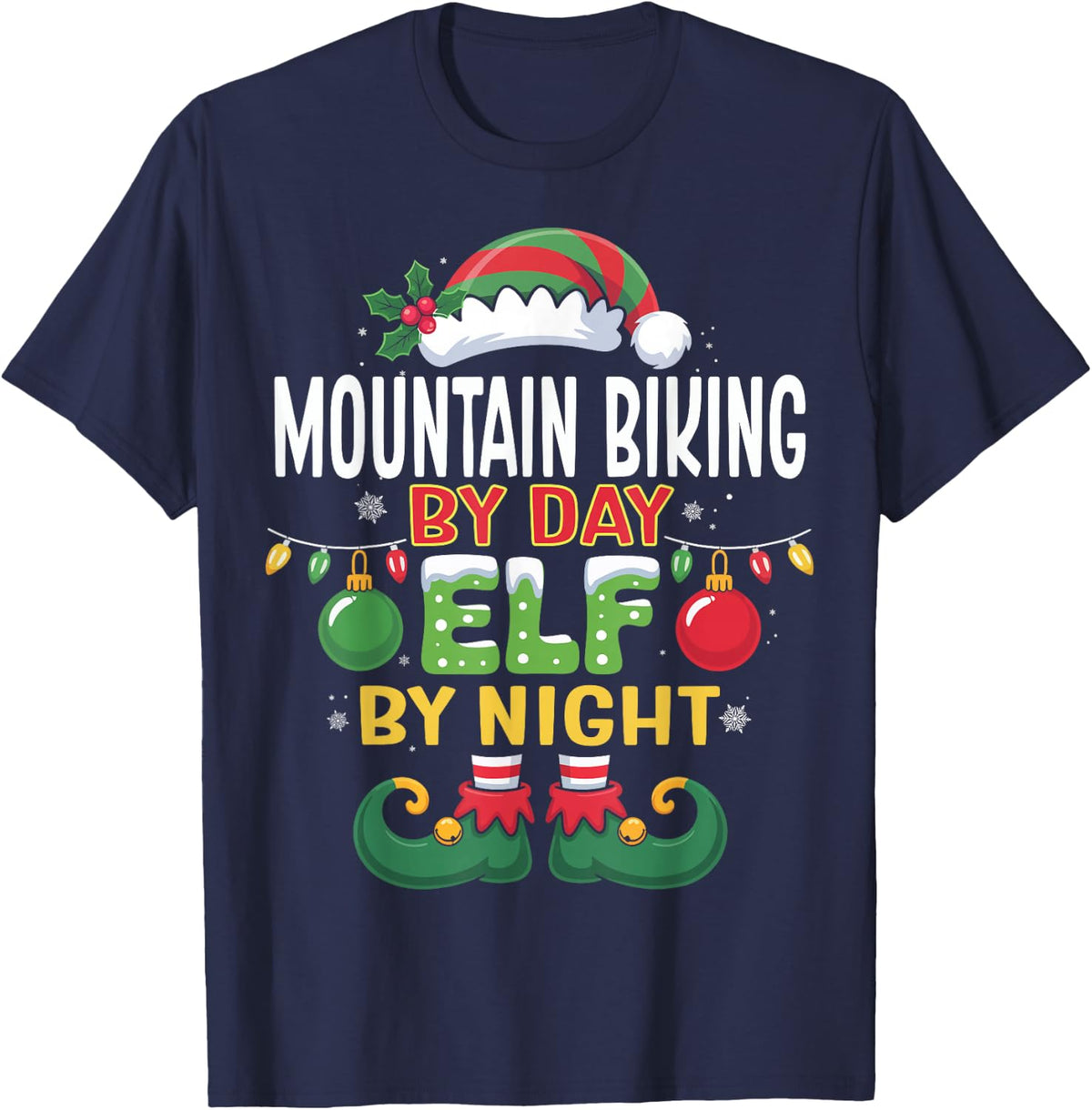 Christmas Mountain Biking By Day Elf By Night Matching T-Shirt - Navy Blue