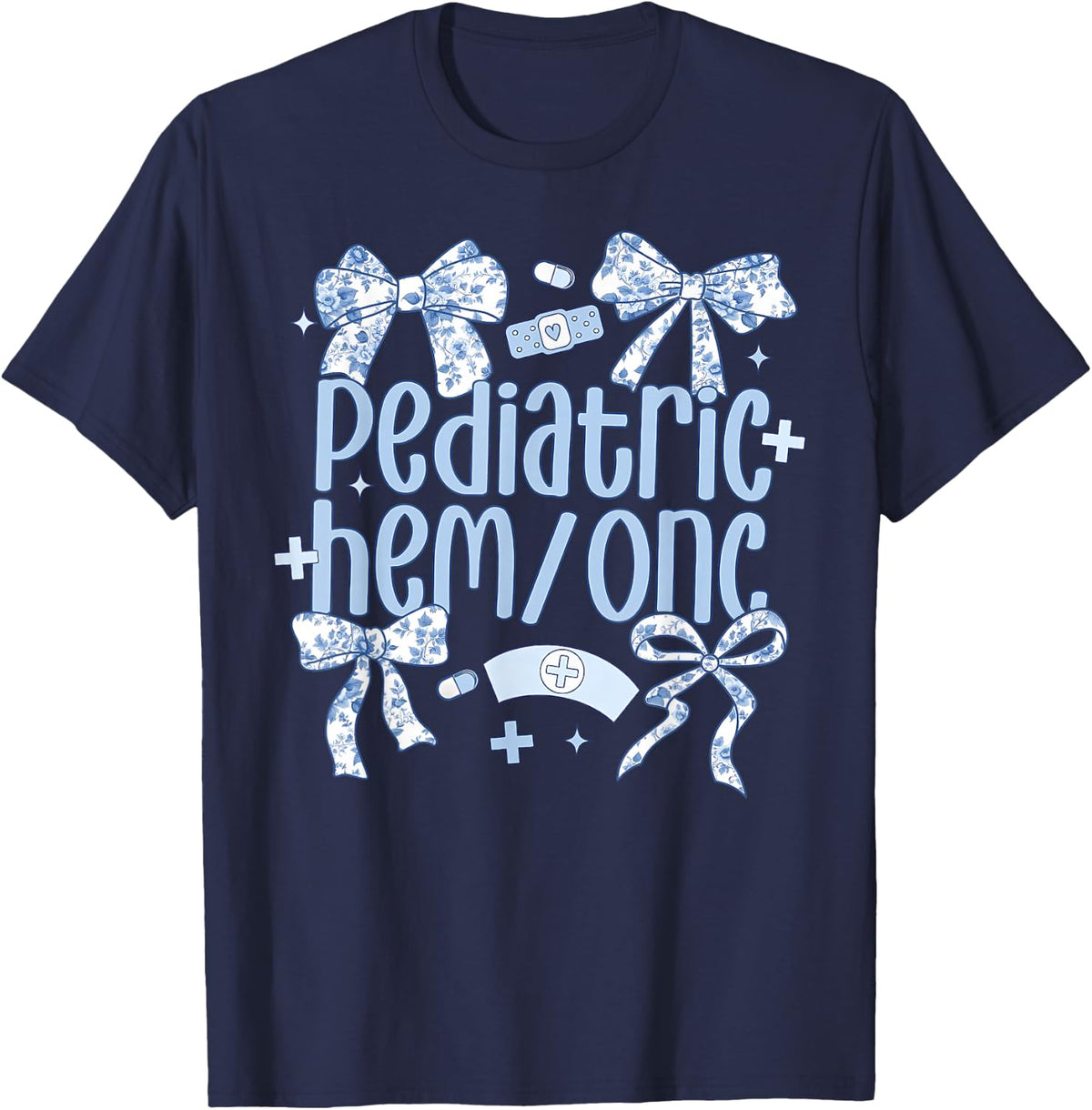Pediatric Hem Onc Coquette Bow Floral Blue Nurse PEDS RN T-Shirt - Navy Blue