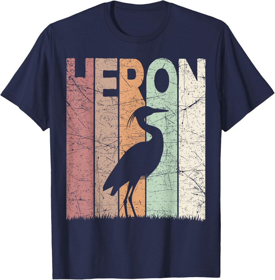 Heron Vintage Birdwatching Heron Retro Ornithology Birding T-Shirt - Navy Blue