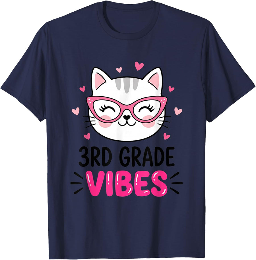 3RD Grade Vibes Cute Cat Back to School for Girls T-Shirt - Navy Blue