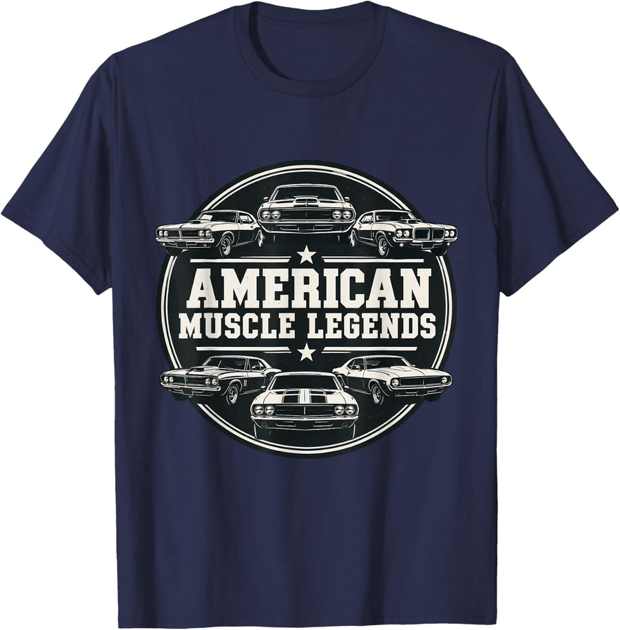 American Muscle Legends Old School Car Enthusiast T-Shirt - Navy Blue