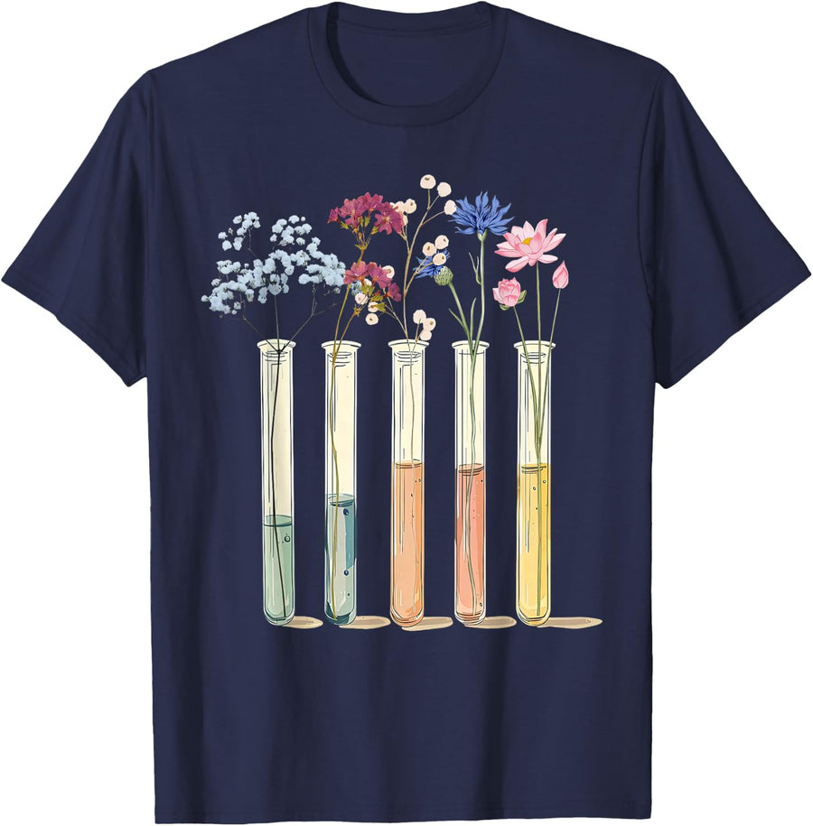 Flower Test Tube Chemistry Laboratory Tech Science Teacher T-Shirt - Navy Blue