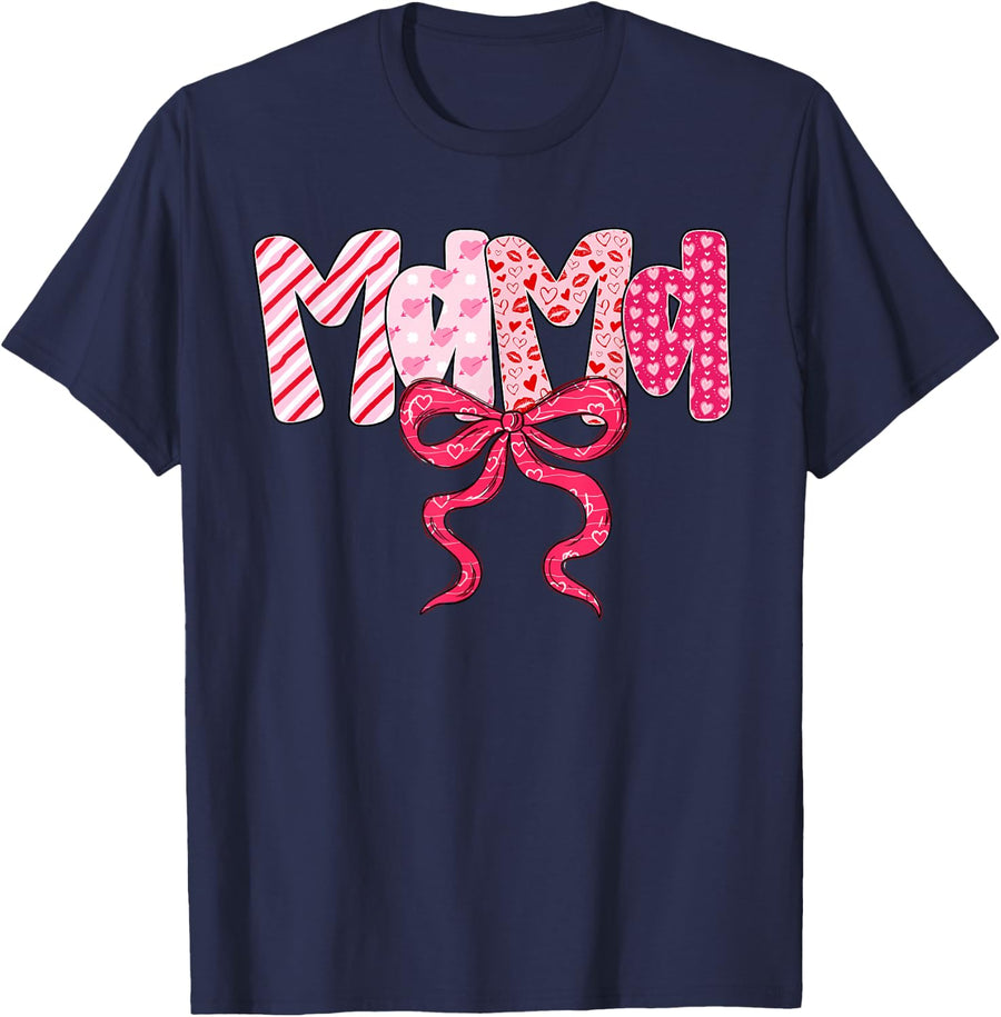 Mama Valentine Pink Coquette Bow Valentine's Day Mom T-Shirt - Navy Blue