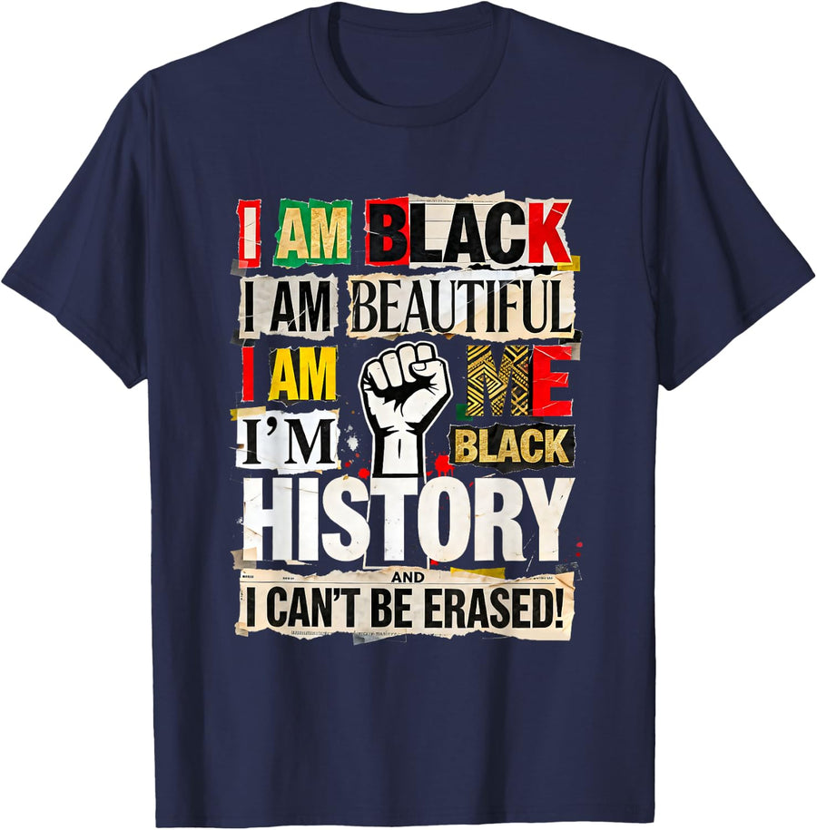 I Am Black Beautiful African History Inspired Cultural T-Shirt - Navy Blue