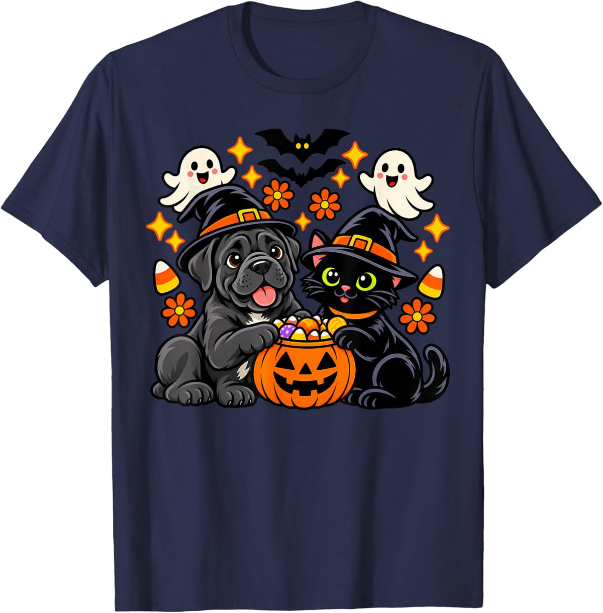 Funny Cane Corso Dog and Black Cat Pumpkin Halloween T-Shirt - Navy Blue