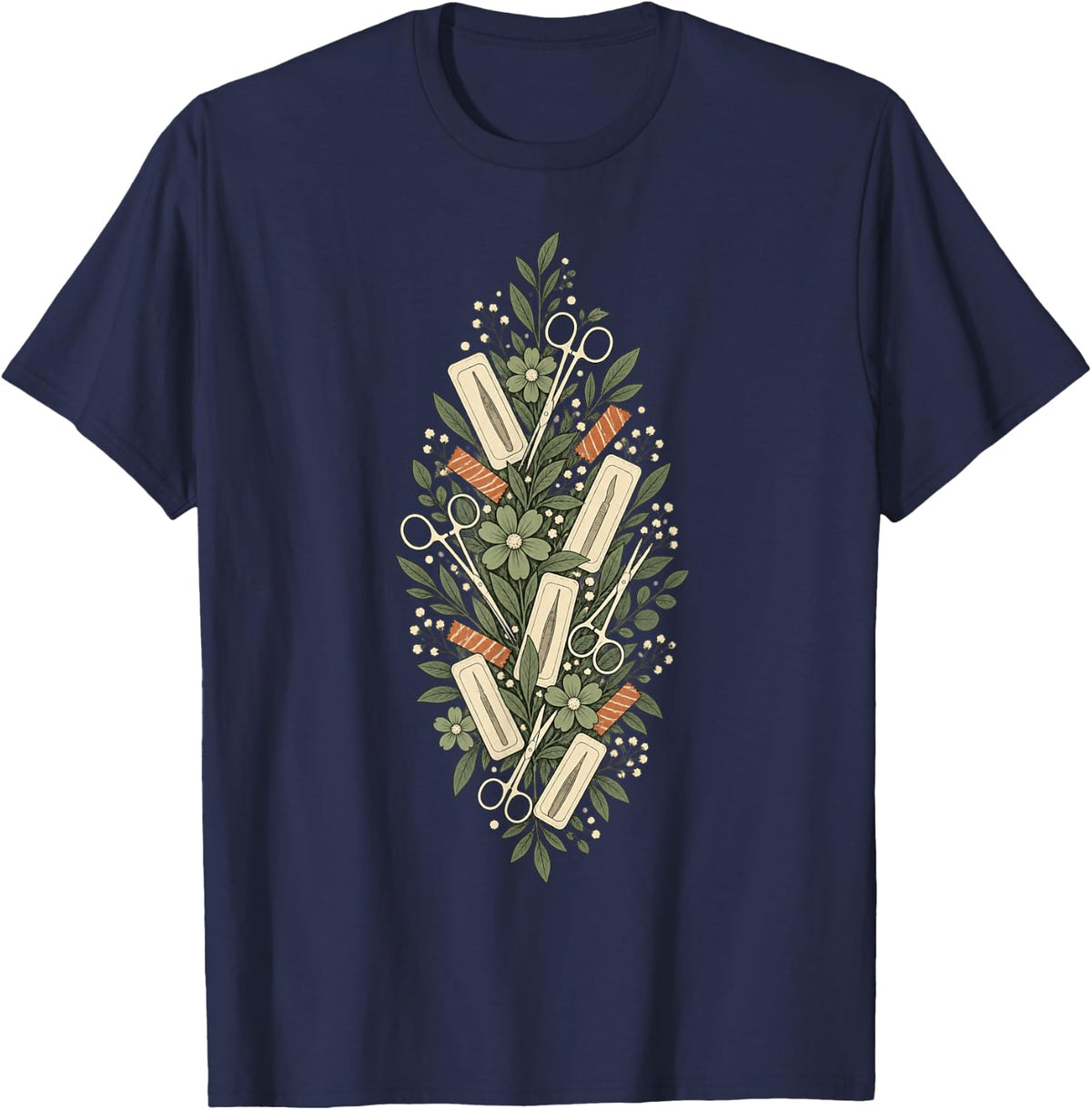 Sterile Processing Tech SPD Surgical Instrument Boho Floral T-Shirt - Navy Blue