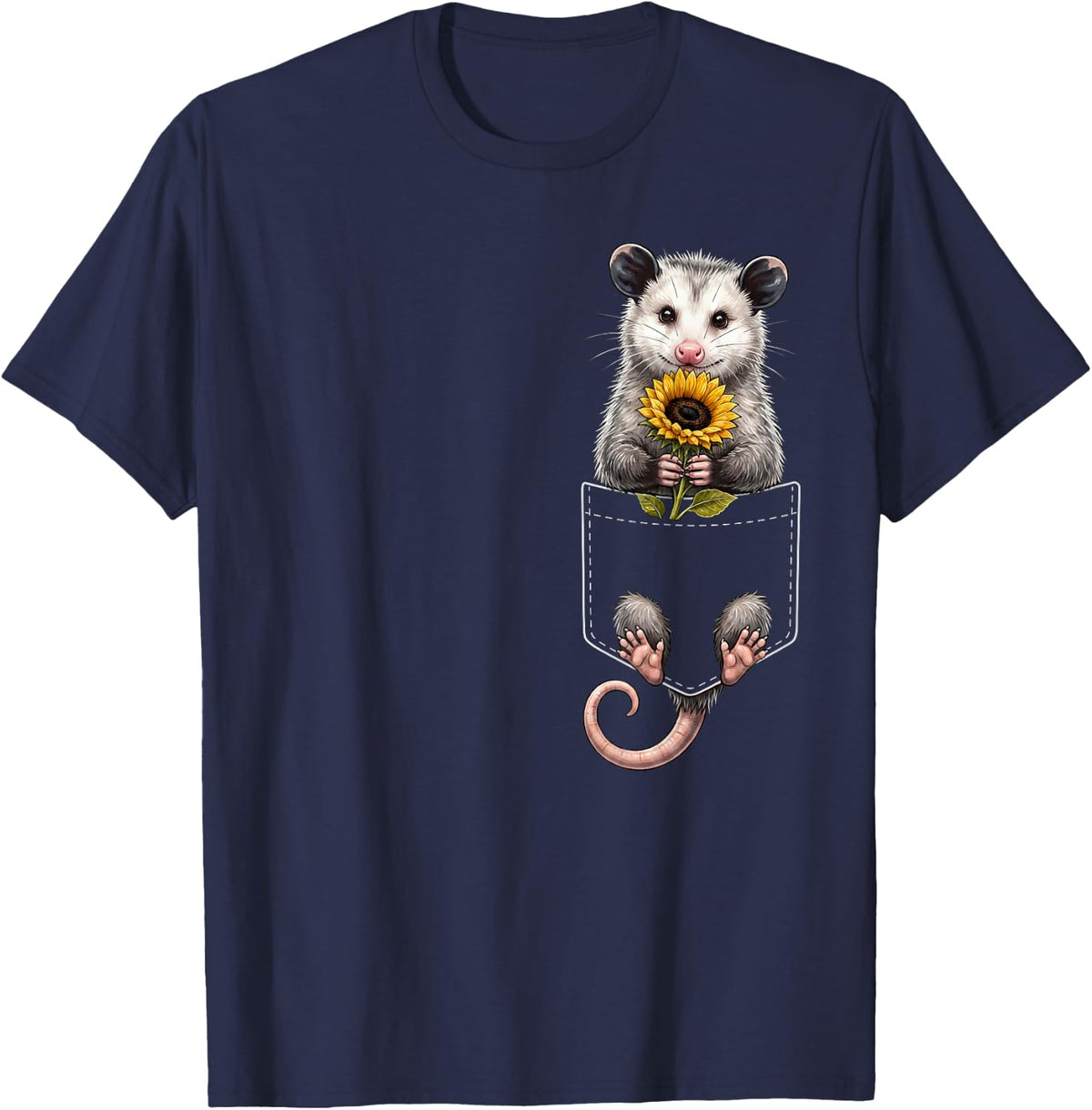 Opossum Pocket Holding Sunflower Animal Lover T-Shirt - Navy Blue
