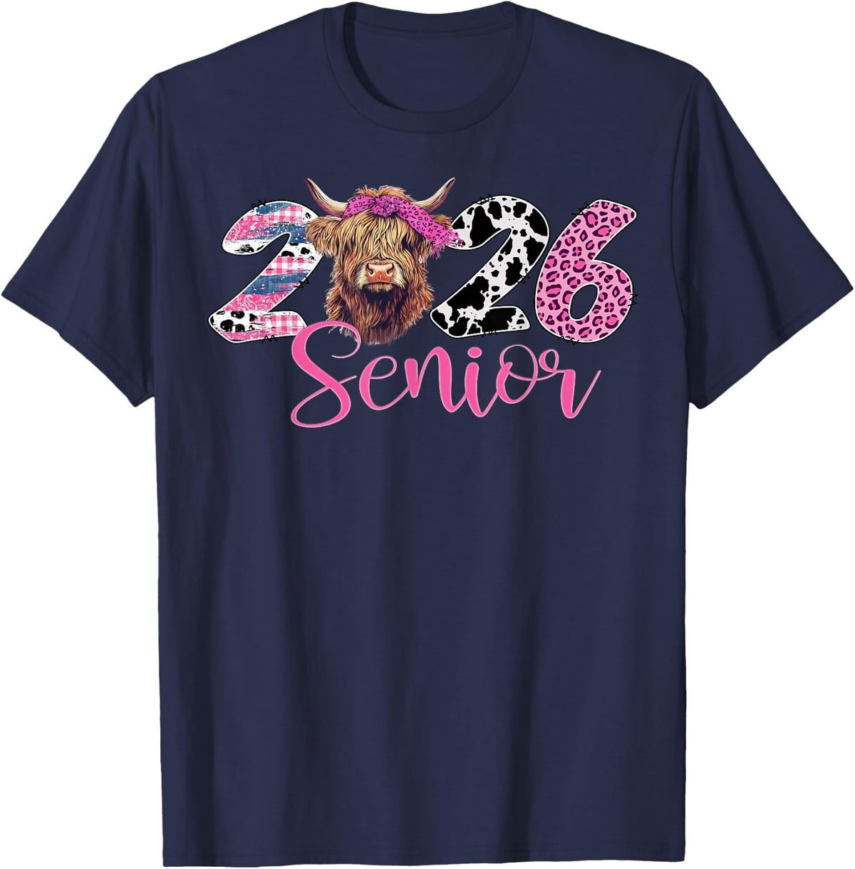 Class of 2026 Senior Graduation Highland Cow Leopard Print Tee T-Shirt - Navy Blue