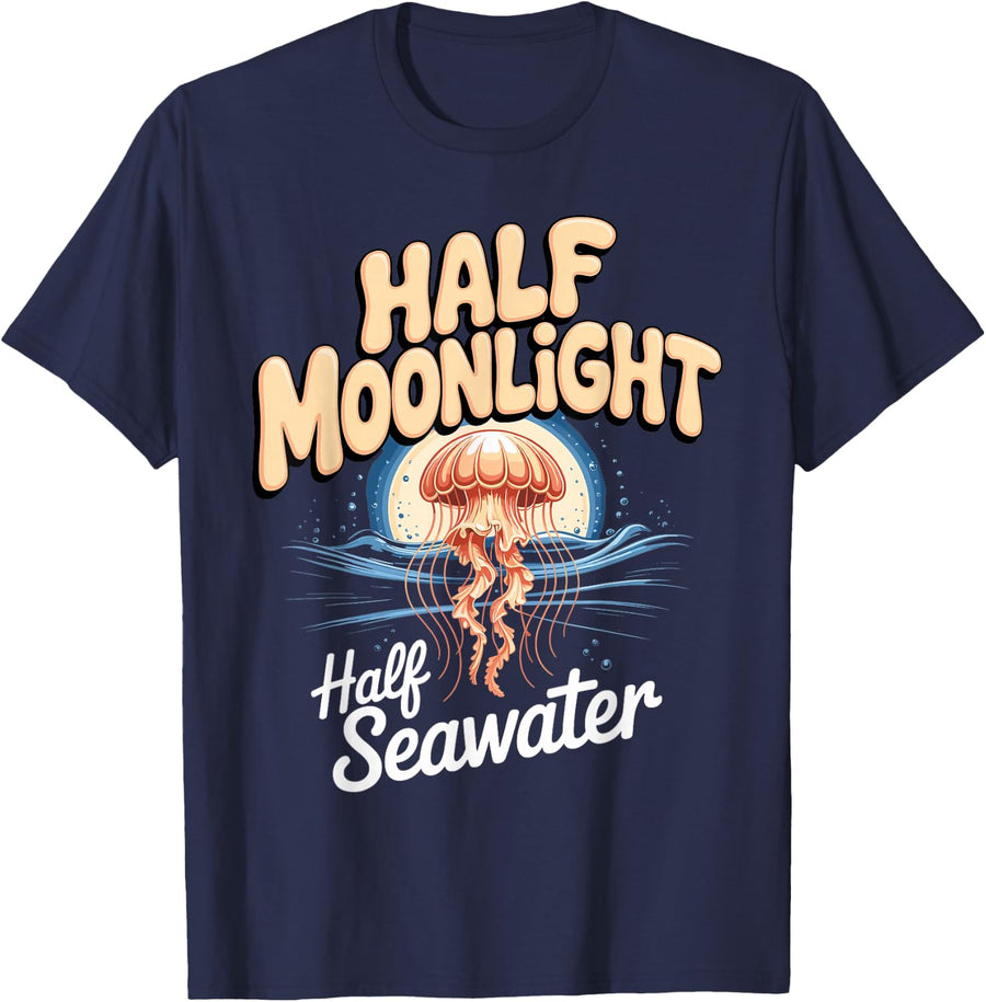 Half Moonlight Half Seawater Moon Jellyfish Ocean Marine T-Shirt - Navy Blue