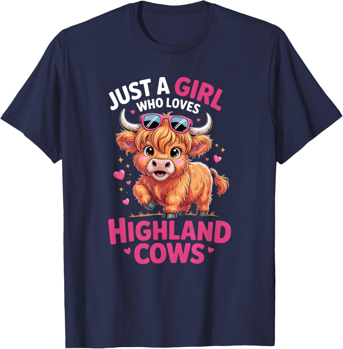 Girls Highland Cow T-Shirt - Navy Blue