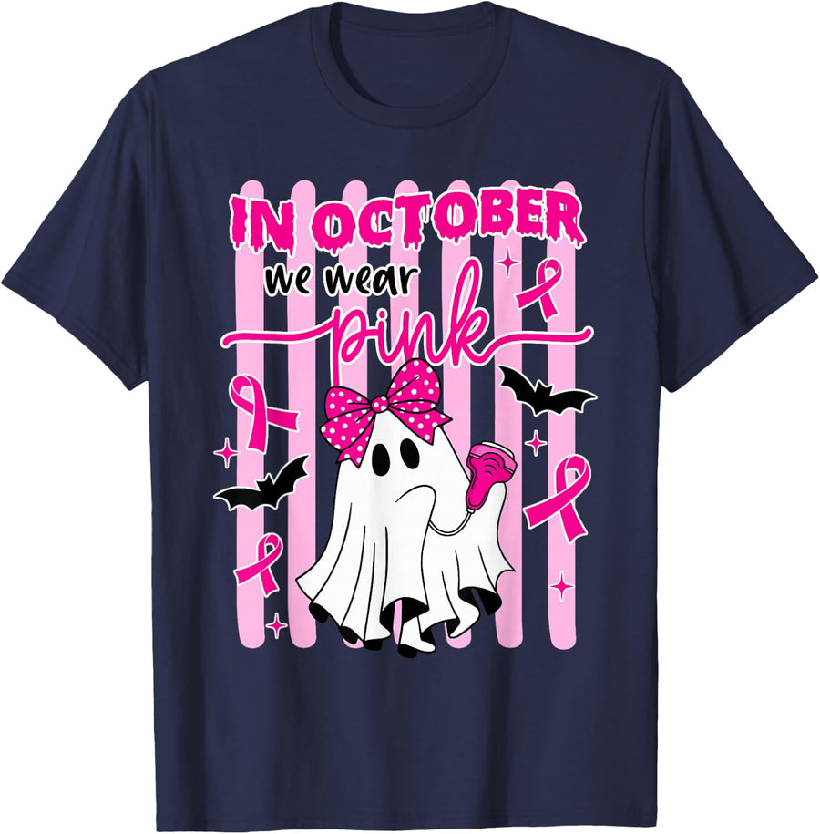 in October We Wear Pink Sonographer Sonography Breast Cancer T-Shirt - Navy Blue