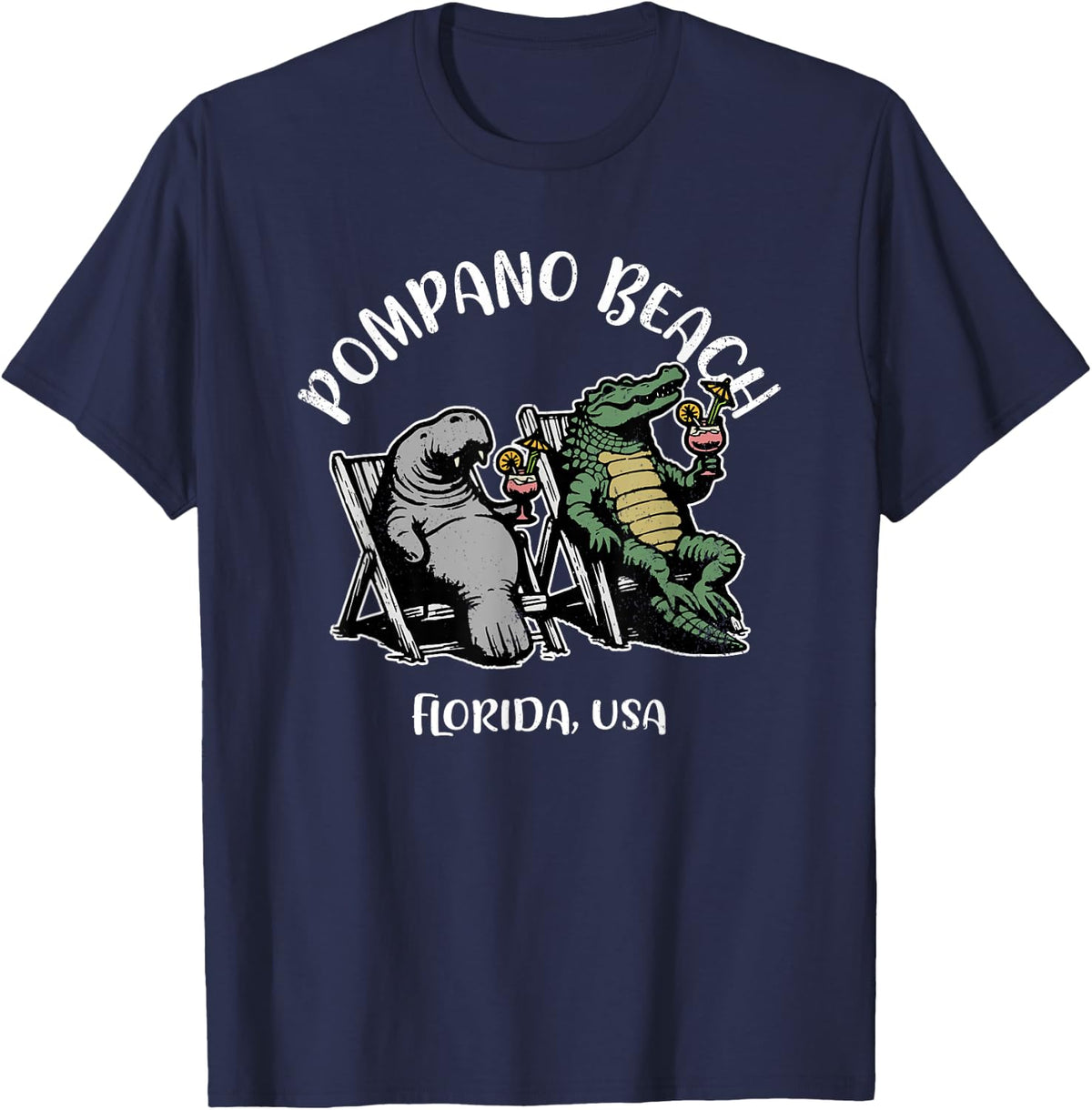 Pompano Beach Florida USA Funny Manatee and Alligator Design T-Shirt - Navy Blue
