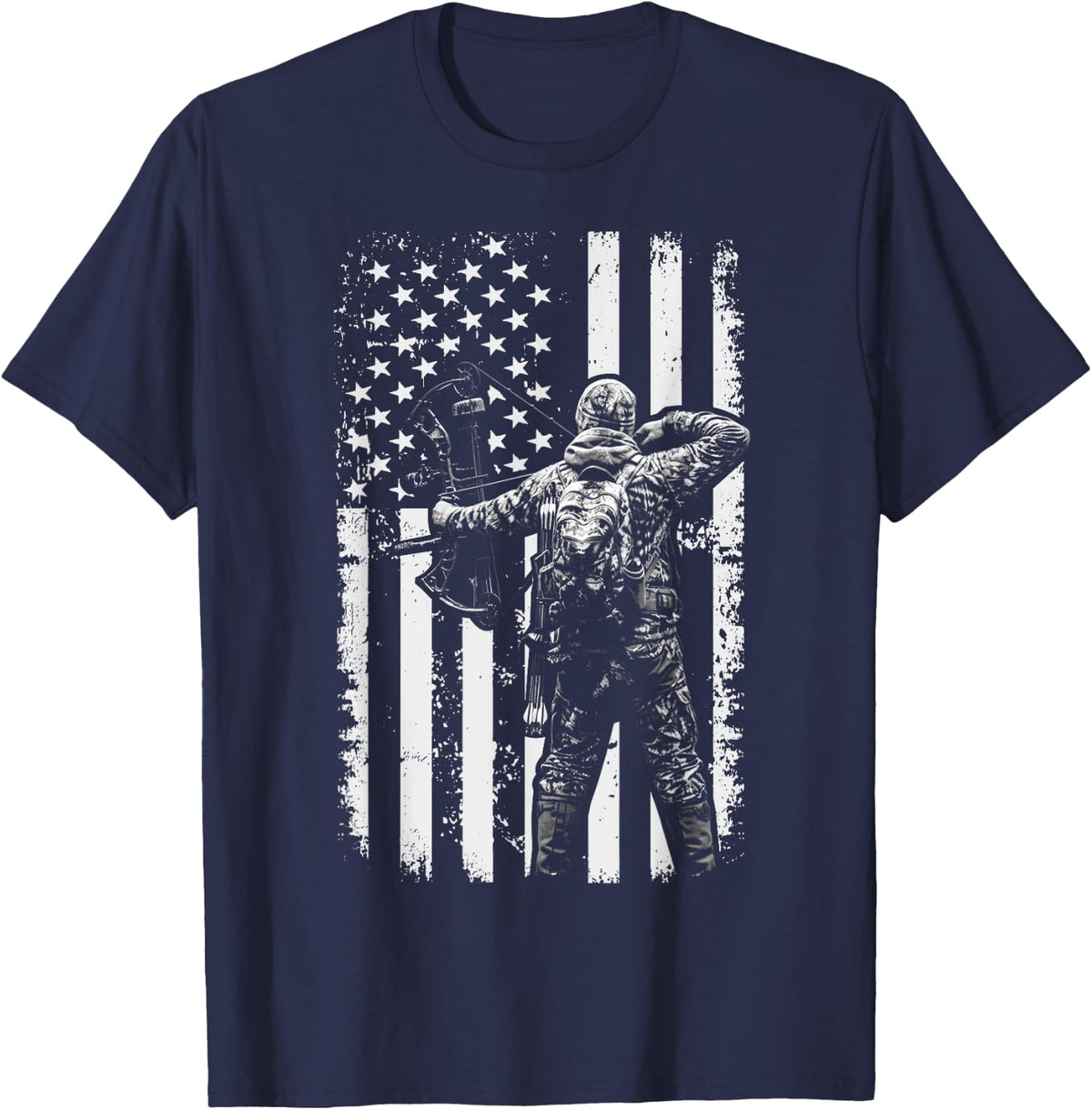 Bowhunting American Flag Deer Hunting Patriotic Bow Hunter T-Shirt - Navy Blue