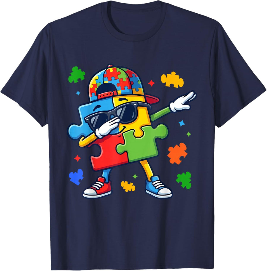 Funny Puzzle Dabbing Boys Kids Autism Awareness T-Shirt - Navy Blue