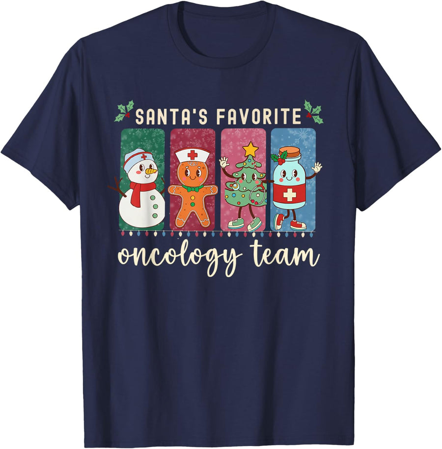 Santa's Favorite Oncology Team Christmas Hemonc Nurse CNA T-Shirt Tee for Healthcare Workers - Navy Blue