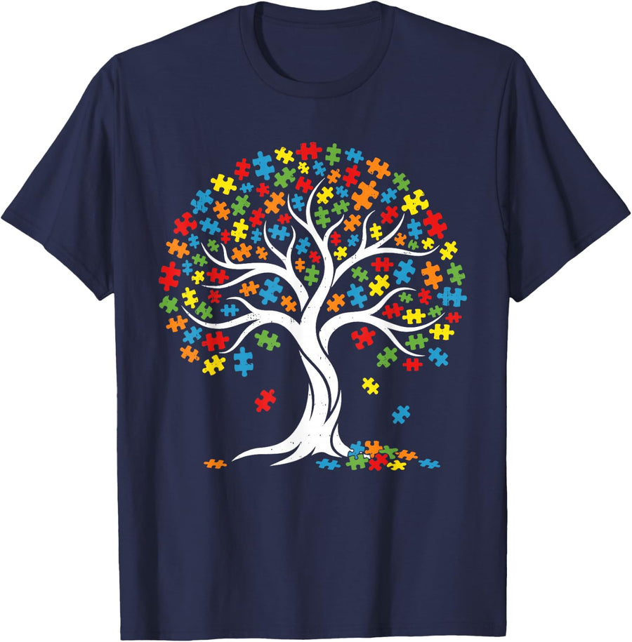 Tree Puzzle Autism Roots Autism Awareness ASD Men Women Kid T-Shirt - Navy Blue